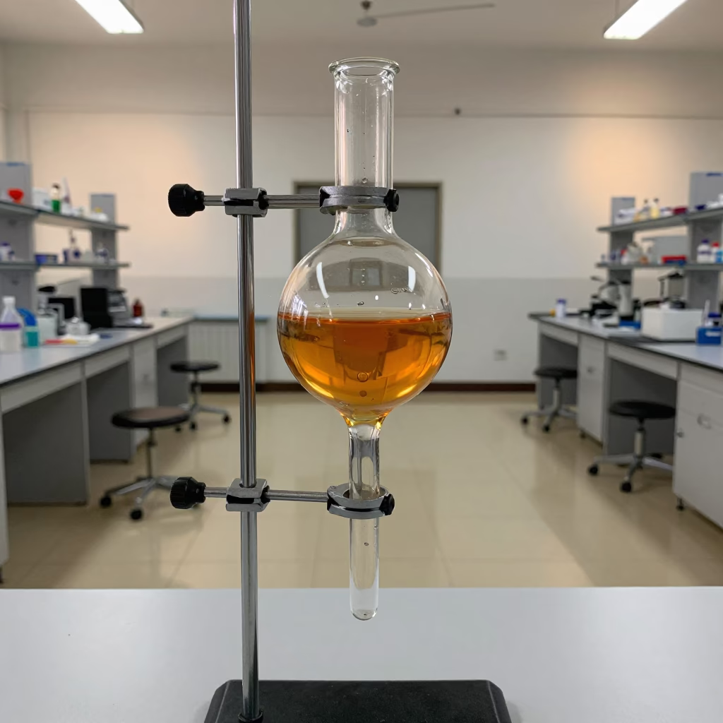 Amber Liquid in Separatory Funnel Lab Jerusalem in inside a university research lab in Jerusalem