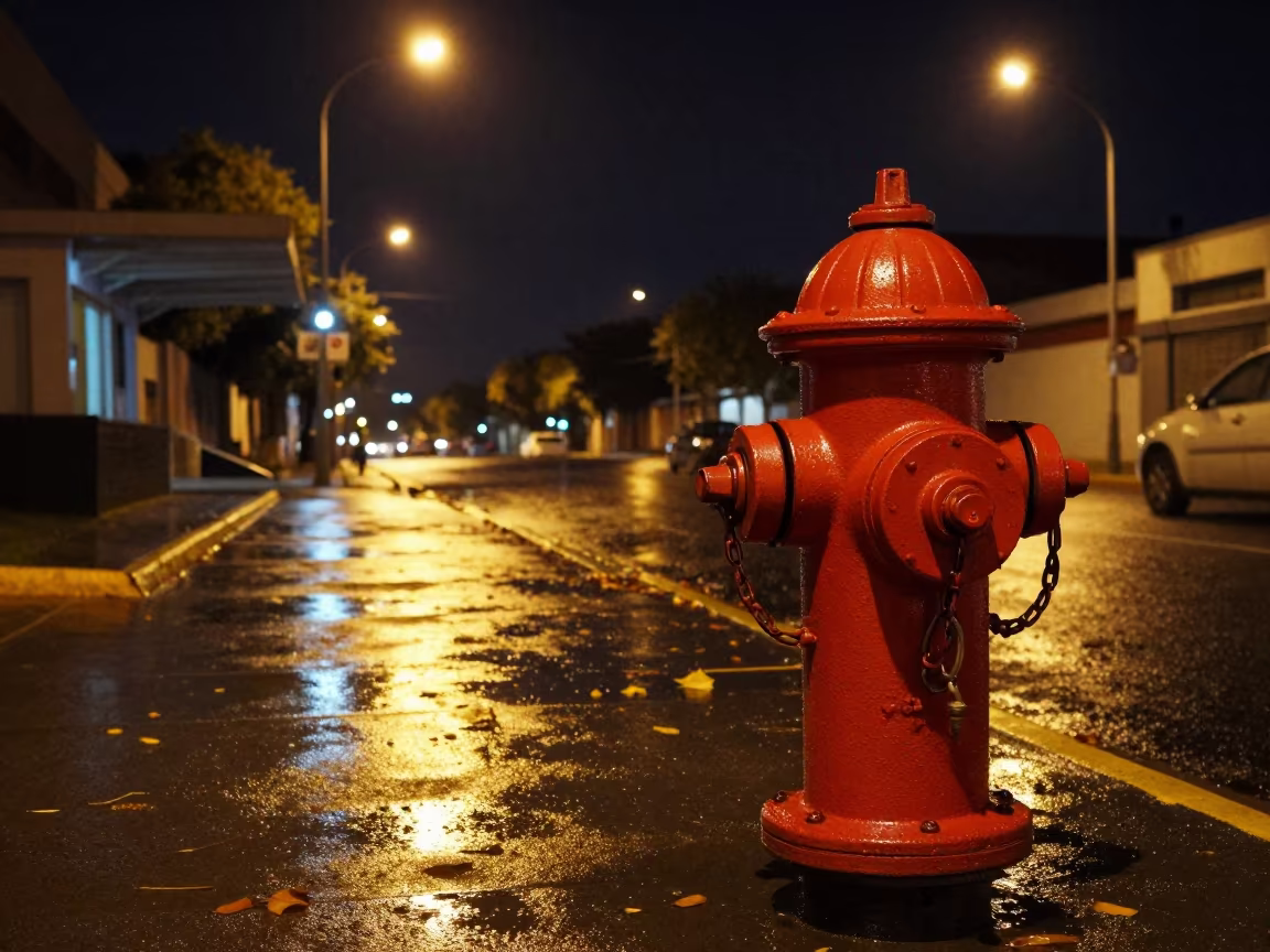 Amber Lit Fire Hydrant Autumn Leaves in outside a metro entrance in Tarija