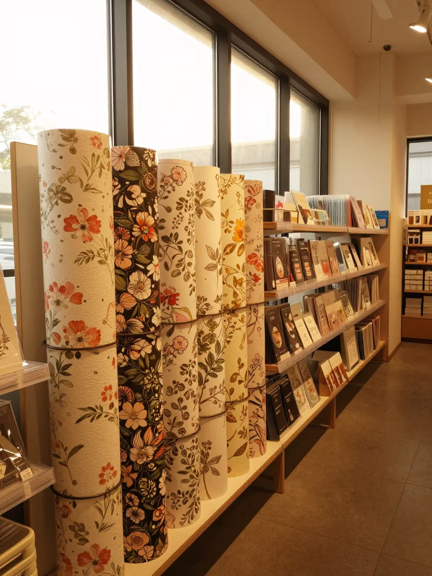 Amber Lit Floral Wrap Rack Near Nagoya Endcap in beside a seasonal endcap near the sales floor near Nagoya