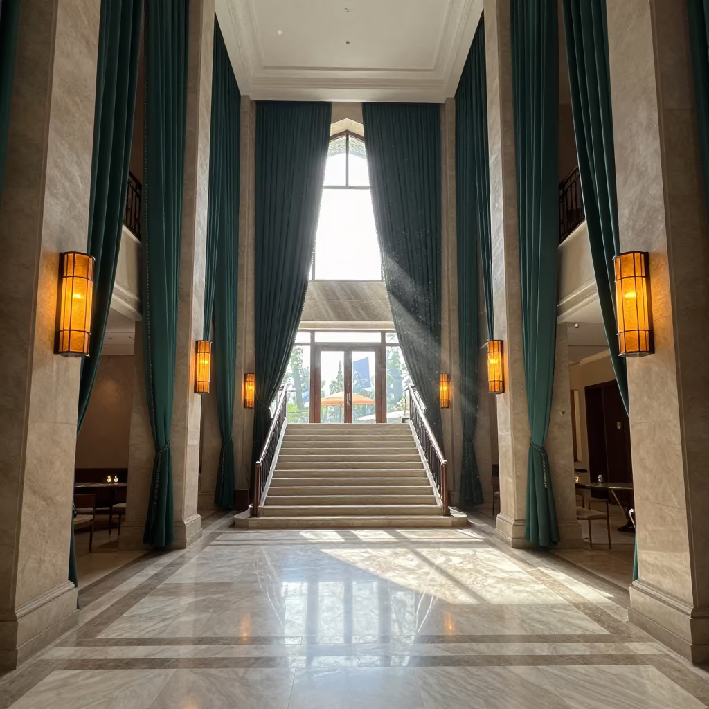 Amber Lit Hotel Stair Landing Kilis Monsoon in inside a grand hotel stair hall in Kilis