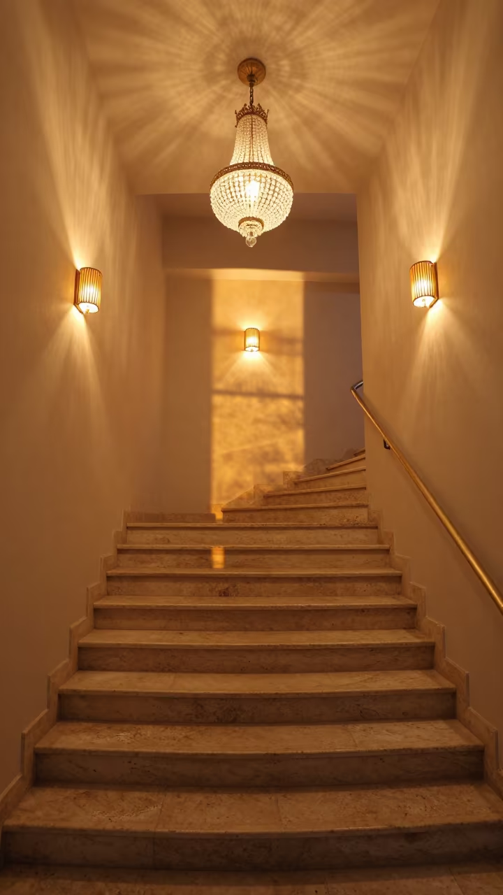 Amber Lit Hotel Stair Landing Skikda Sunset in inside a chandelier-lit hotel stairwell near Skikda