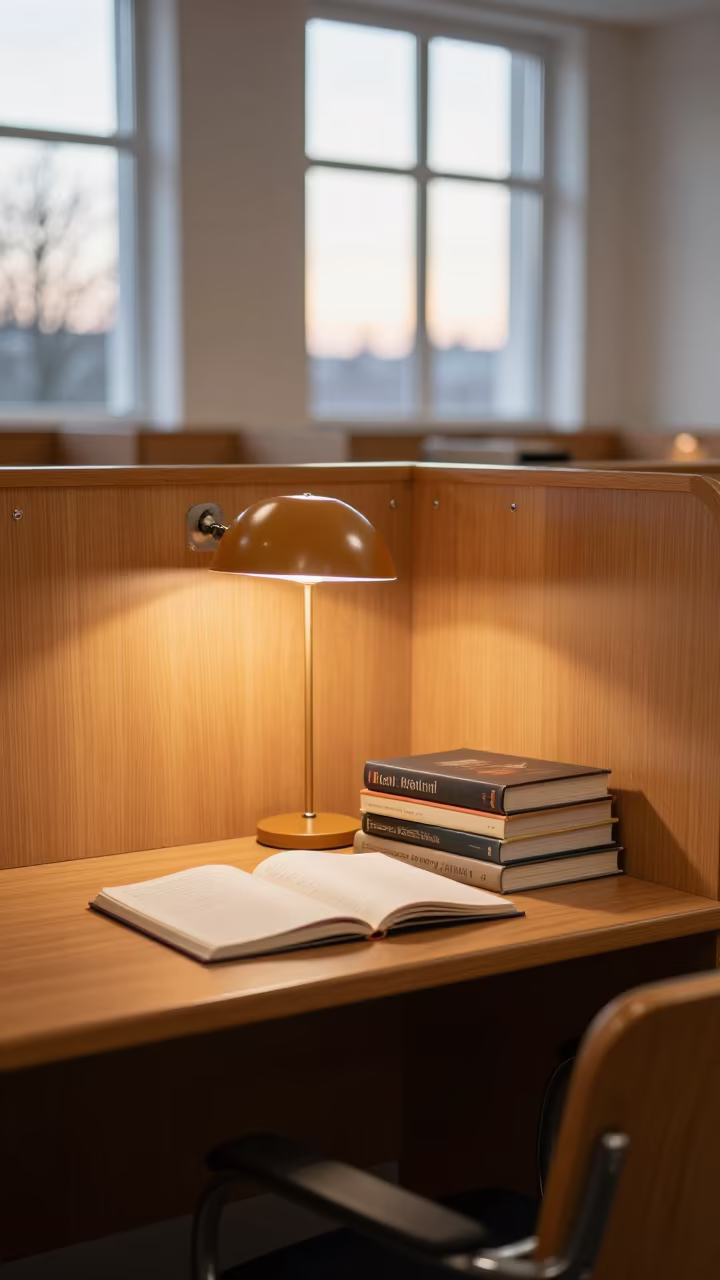 Amber Lit Library Carrel Before Sunrise in Kielce in in a lecture hall before the crowd arrives in Kielce