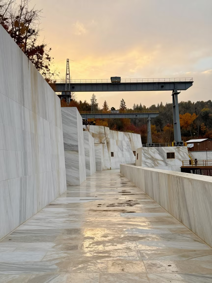 Amber Light on Marble Quarry Walls in Autumn Drizzle in under gantries and utility towers in the Loire Valley