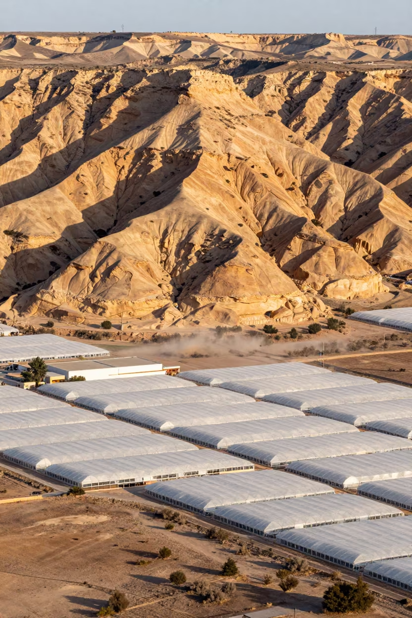 Amber Mesa and Greenhouse Grids Tunisia Aerial in high over greenhouse grids in Tunisia