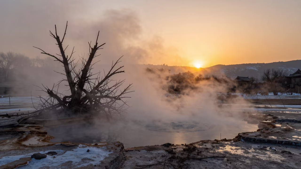 Amber Mist Rising From Winter Hot Spring Near Pingyao in near Pingyao