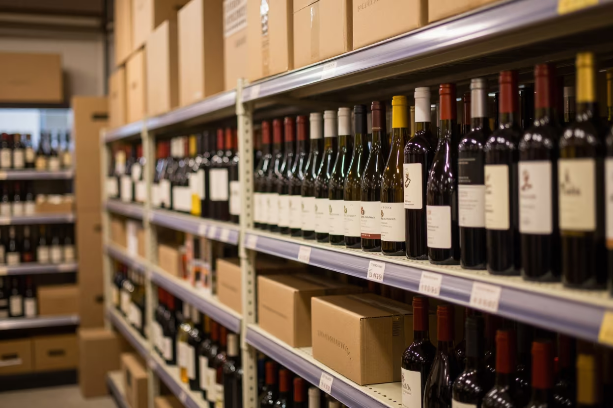 Amber Monsoon Light in Patna Wine Shop Aisle in inside a stockroom behind the sales floor in Patna