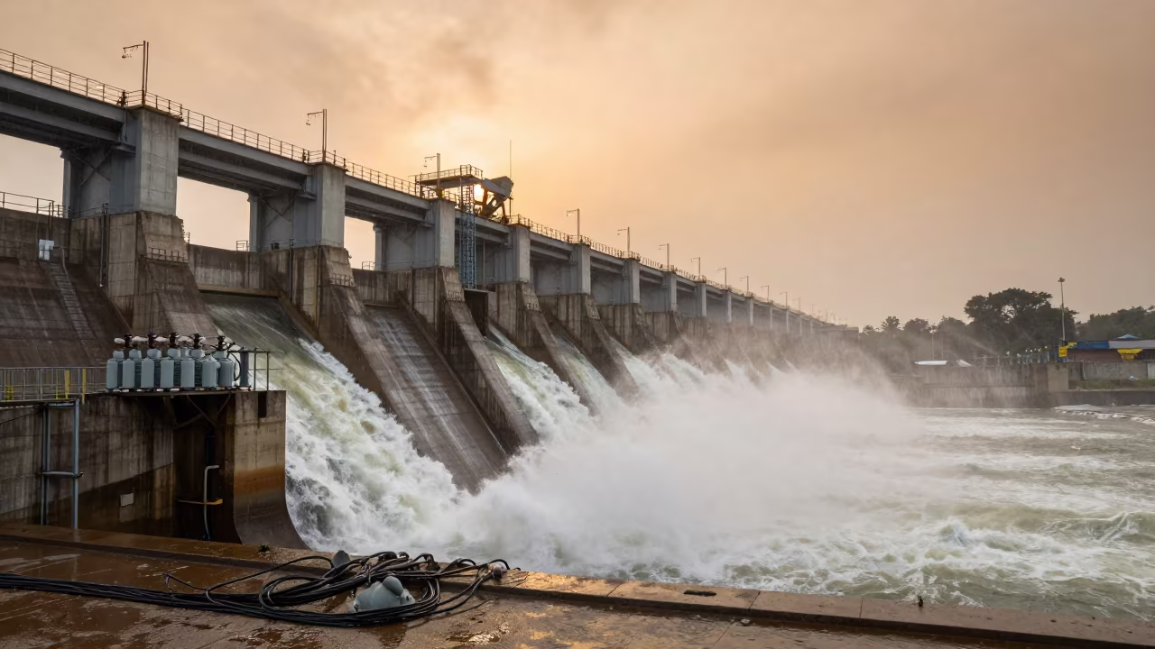 Amber Monsoon Water Rushing Delhi Dam Spillway in beside a hydroelectric intake in Connaught Place, Delhi