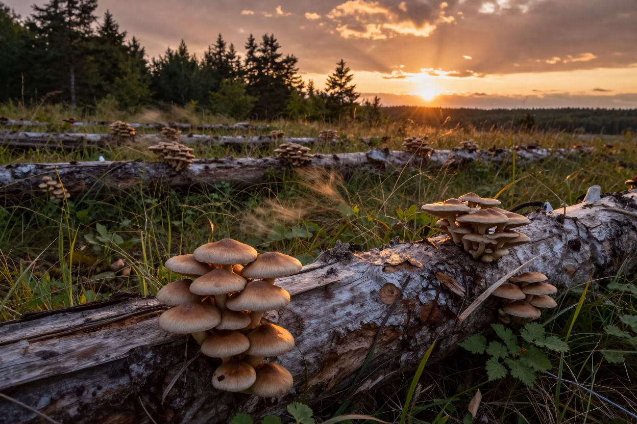 Amber Mushrooms on Log Vladivostok Garden in among terraced garden plots near Vladivostok