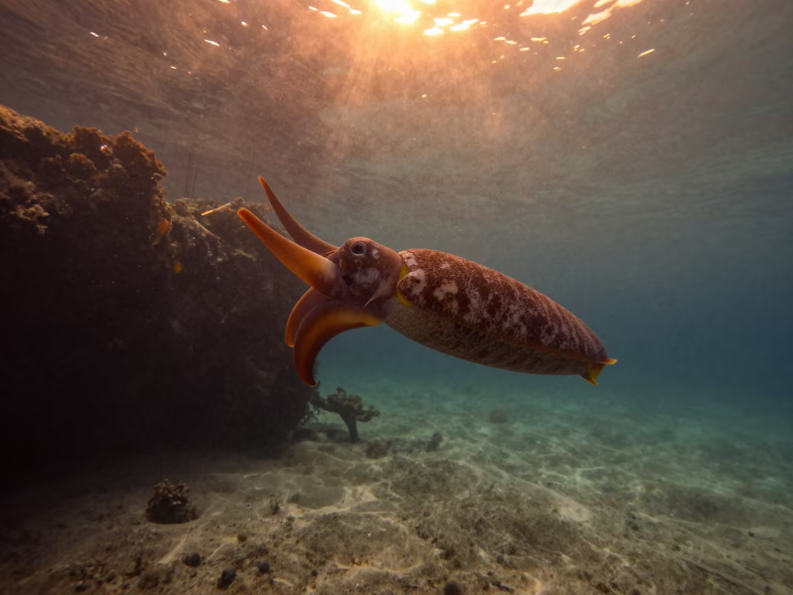 Amber Nautilus Drifting Past Deep Reef Wall in beside a reef crevice under clear water near Denpasar