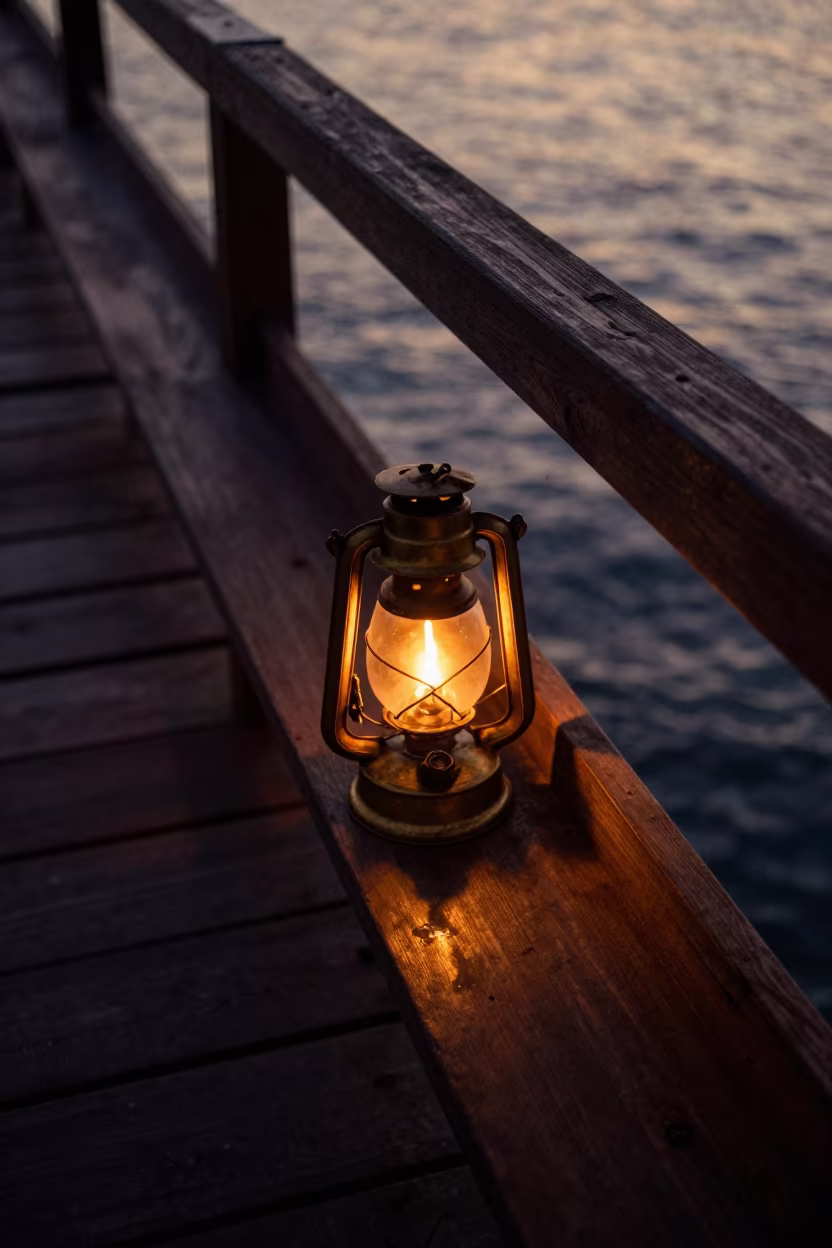 Amber Oil Lamp Light on Pier Railing in on a pier railing in Barranquilla