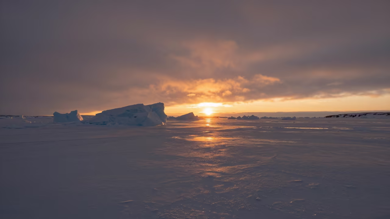 Amber Polar Sunset Over Russian Pack Ice in in Russia