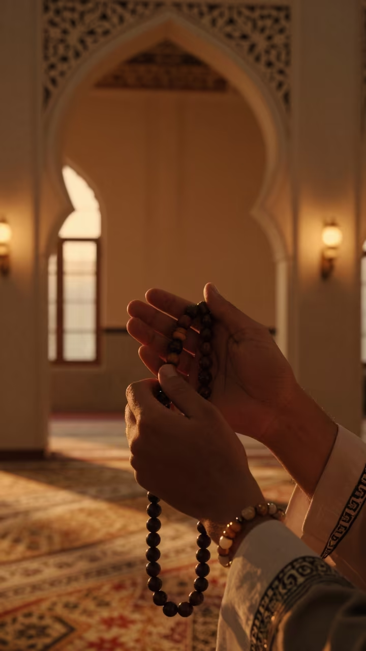 Amber Prayer Beads in Dubai Mosque Corner in in a mosque prayer hall in Dubai