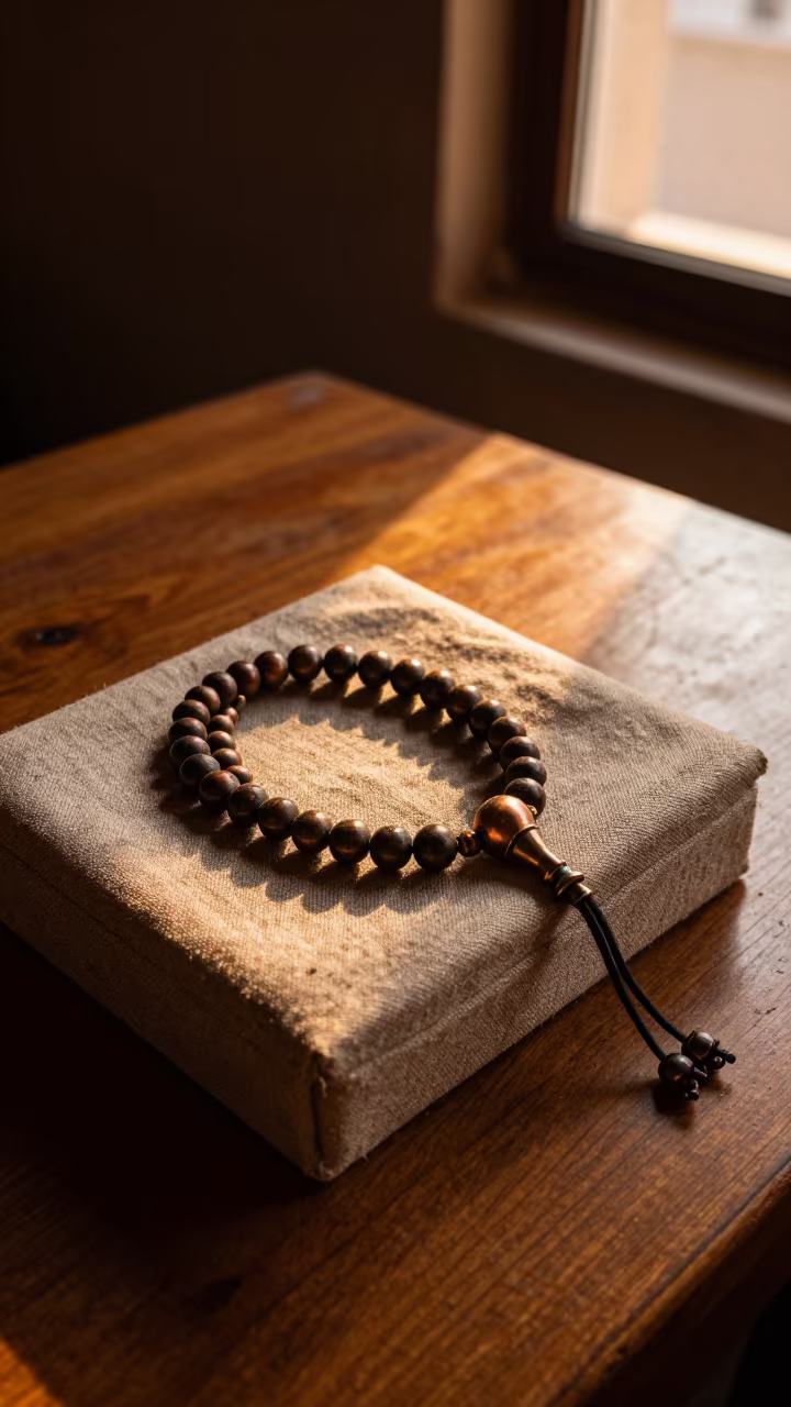 Amber Prayer Beads on Linen Box in Settat in on a writing desk in Settat