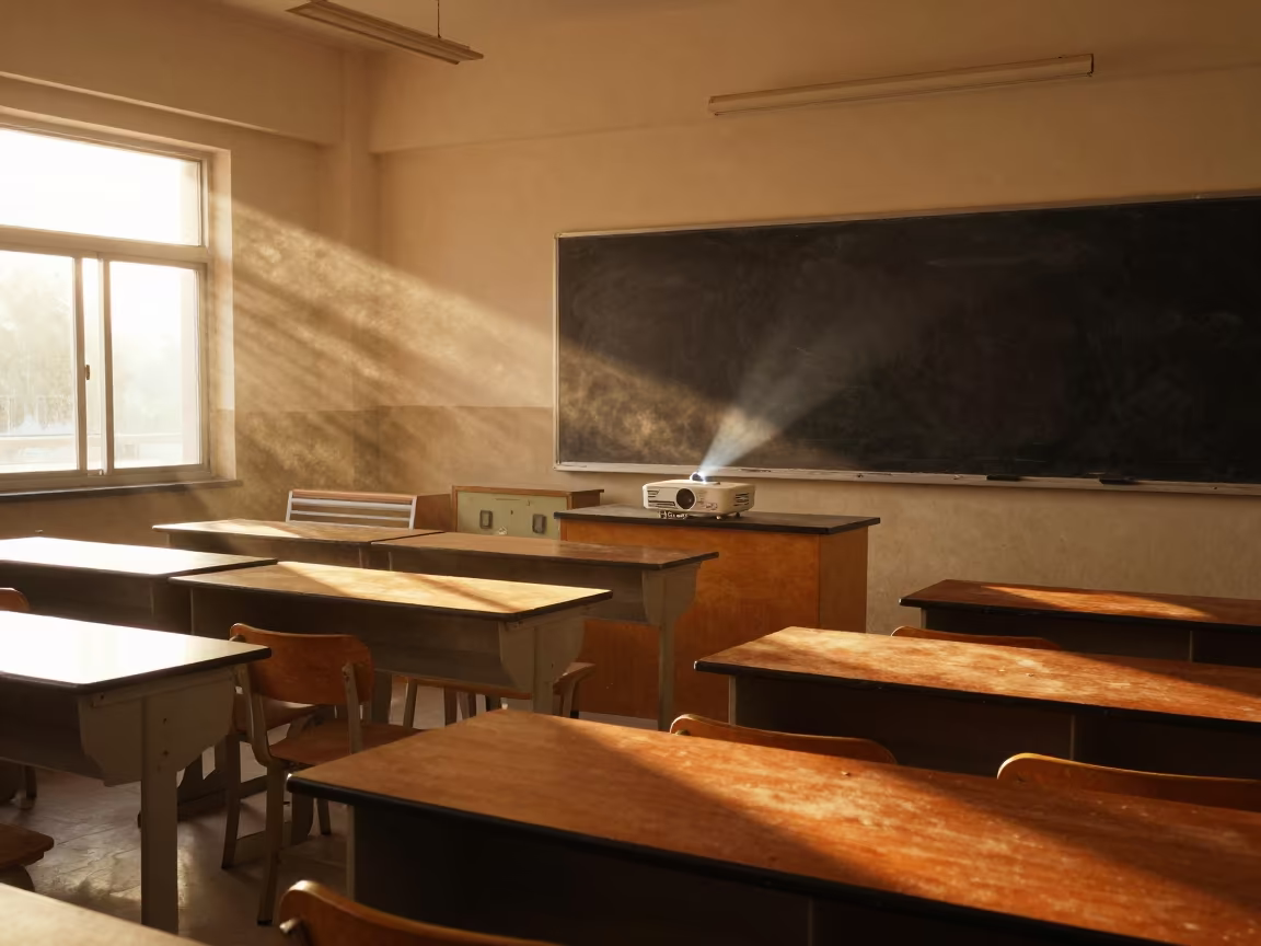 Amber Projector Beam Cuts Through Blackboard Dust in in a school laboratory near Vellore