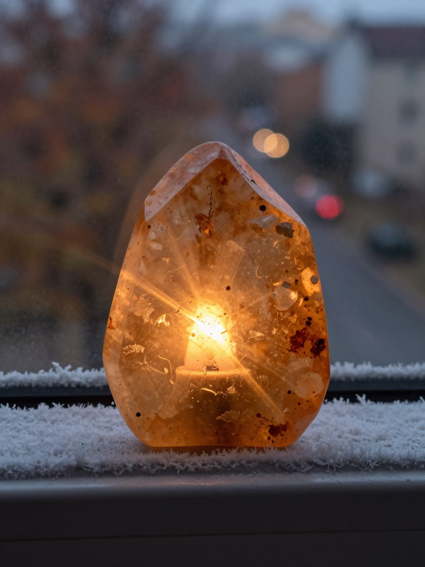 Amber Quartz Inclusions in Candlelight in along a frost-edged windowpane in Helwan