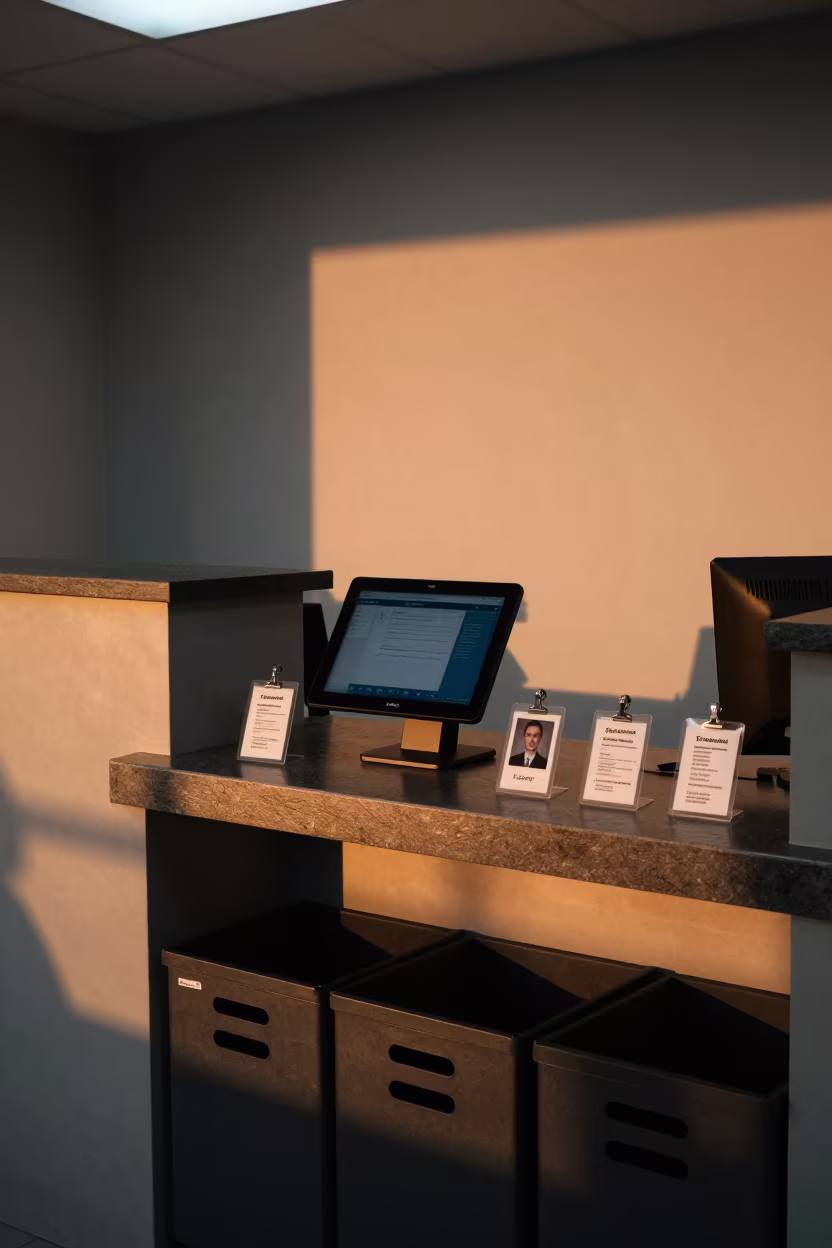 Amber Reception Console with Badges and Bins in inside an open-plan office bay in Barquisimeto