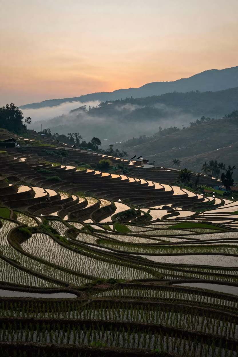 Amber Rice Terraces Misty Evening Valley in across a wide valley floor near Campo Grande