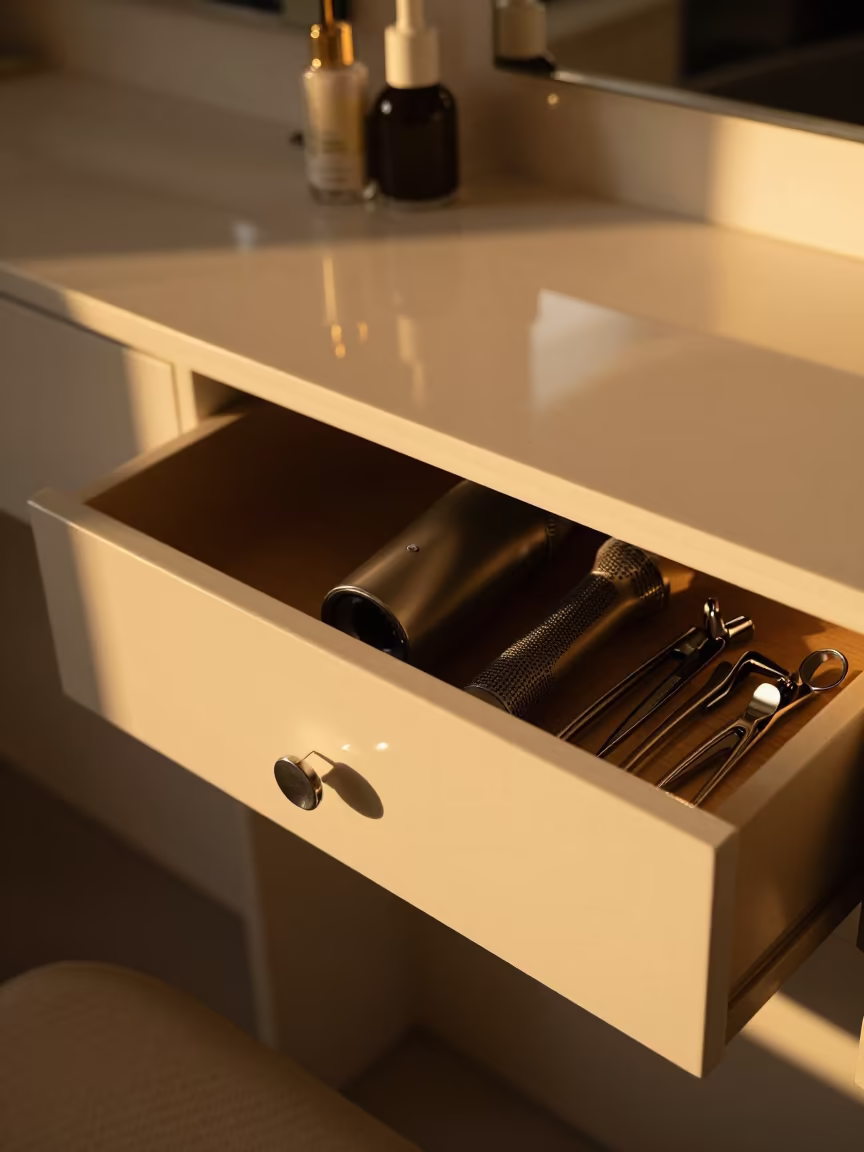 Amber Salon Drawer and Tools in inside a nail studio near Vienna