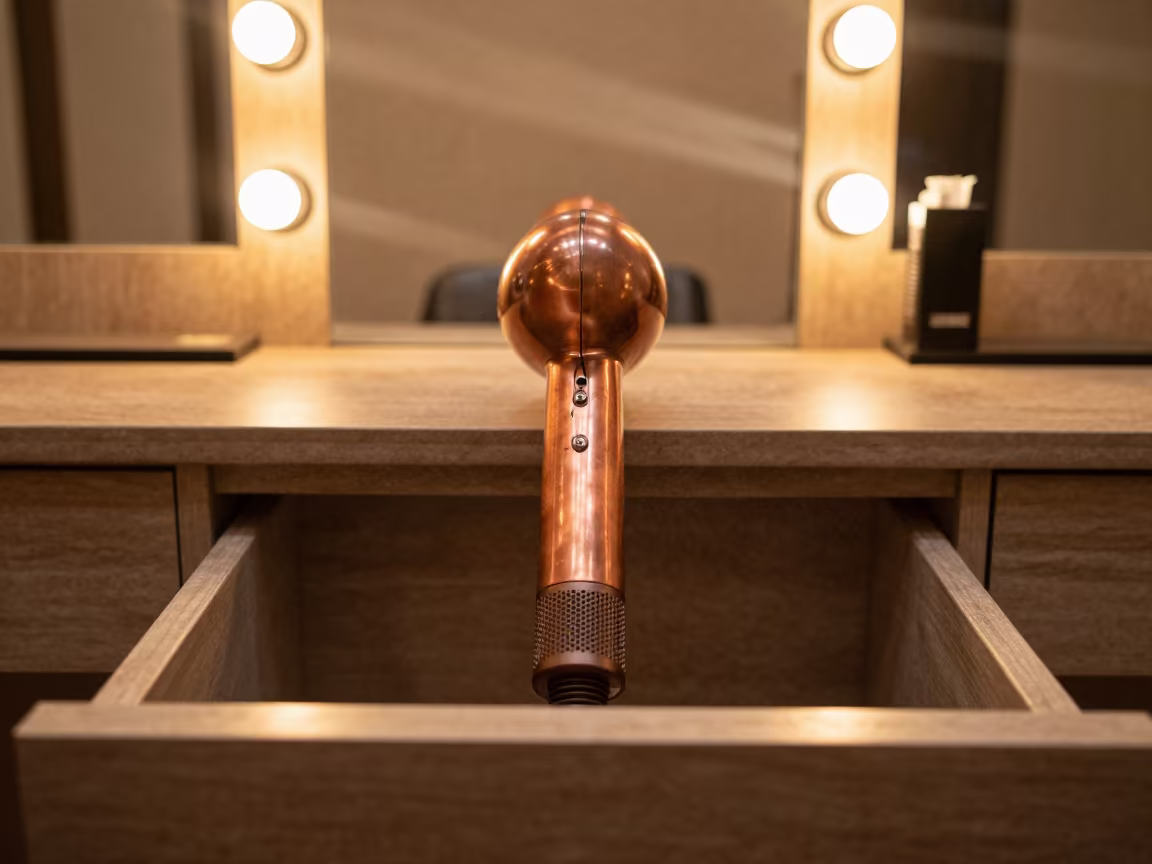 Amber Salon Light on Blow Dryer Nozzle Drawer in at a barber station beneath mirror bulbs in Qena