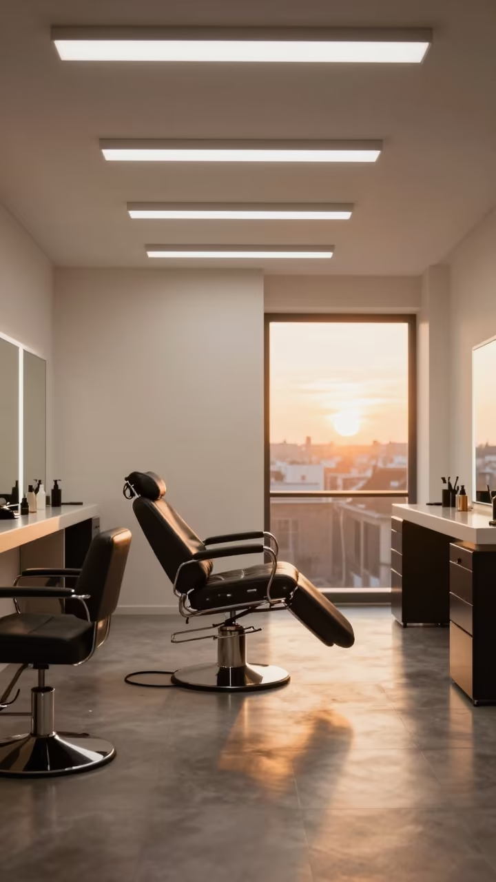 Amber Salon Light in LX Factory Lisbon Beauty Studio in in a beauty supply area under white LEDs in LX Factory, Lisbon