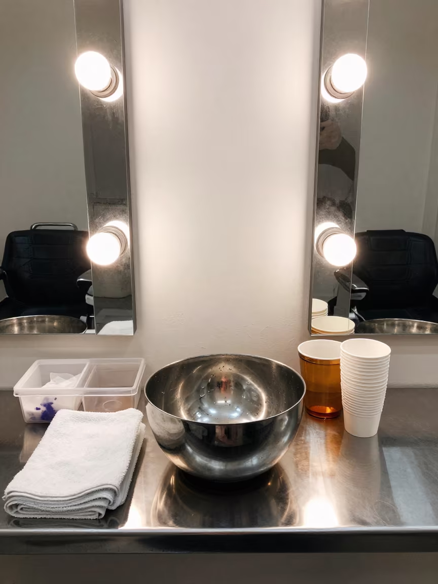 Amber Salon Nail Soak Bowl Stack Symmetry in at a barber station beneath mirror bulbs in Dera Ghazi Khan