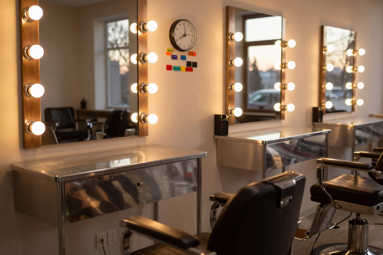 Amber Salon Timer Magnet Wall Katowice Sunset in at a barber station beneath mirror bulbs near Katowice
