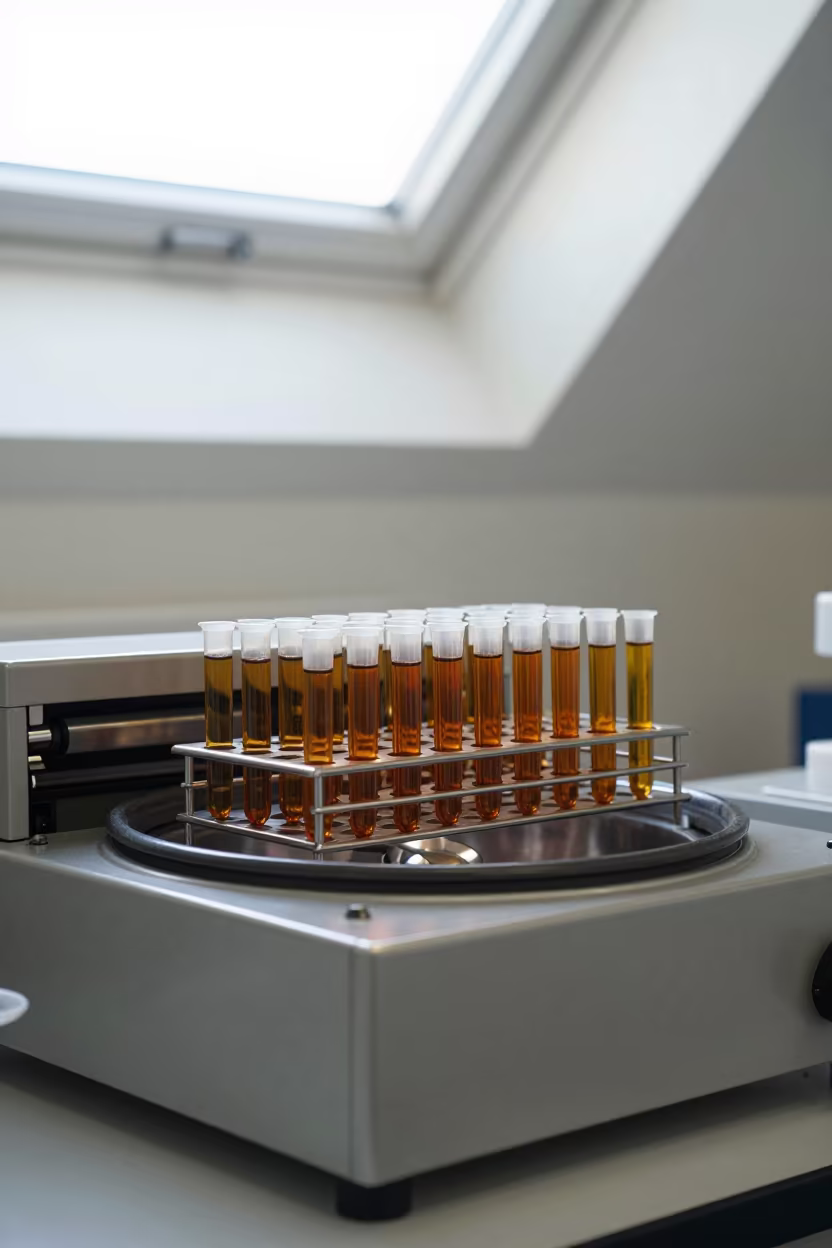 Amber Sample Tubes in Lab Centrifuge Rack in at an engineering workbench near Las Vegas