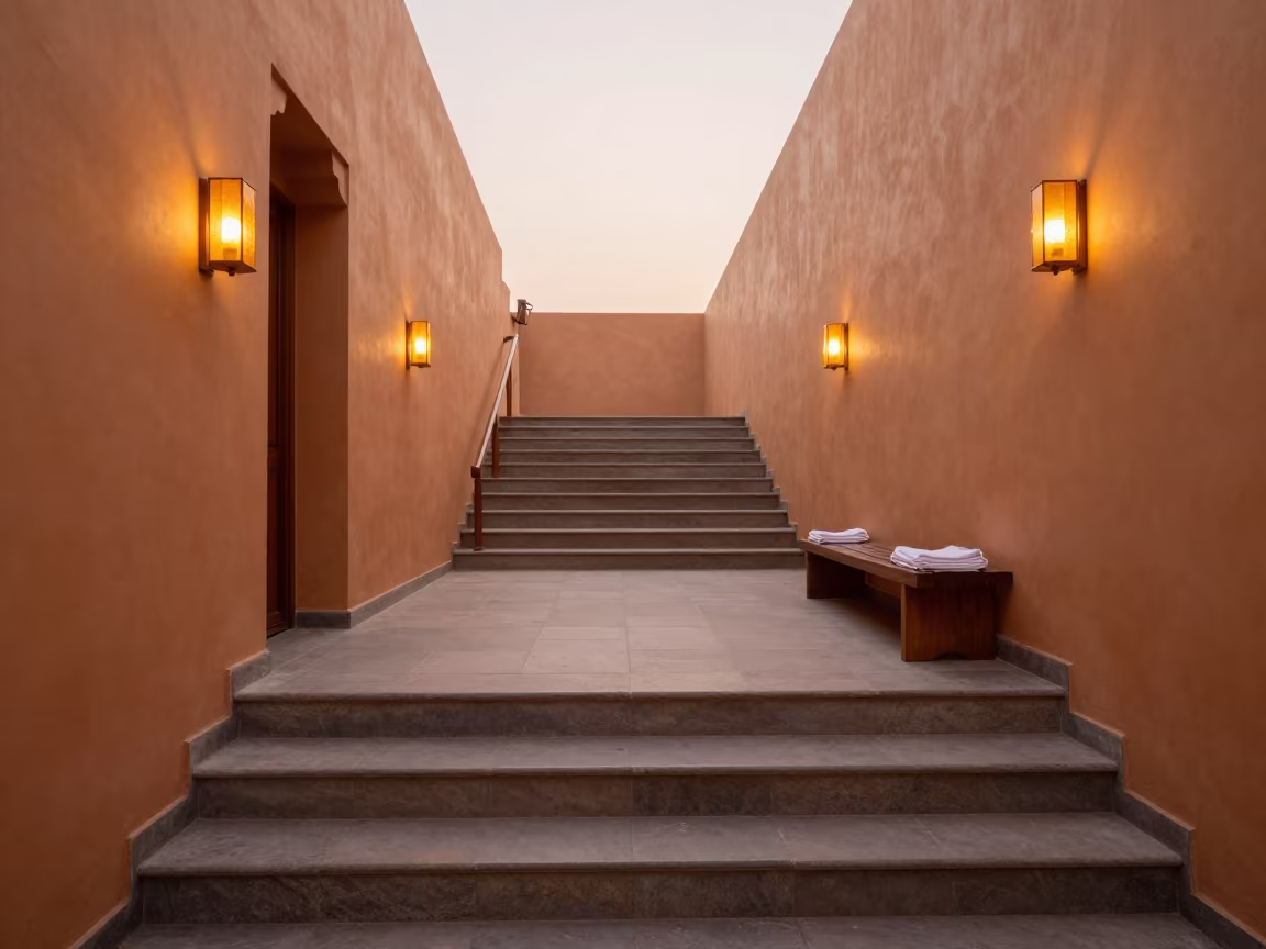 Amber Sconces on Ahmedabad Hotel Stair Landing Dawn in on a hotel stair landing in Ahmedabad