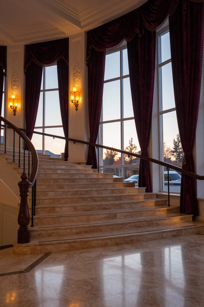 Amber Sconces on Almaty Hotel Stair Landing in inside a grand hotel stair hall in Almaty