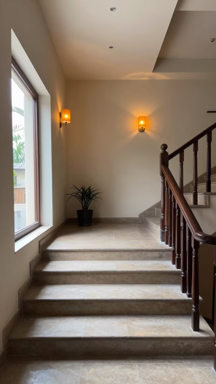 Amber Sconces on Dhaka Hotel Stair Landing in on a hotel stair landing near Dhaka