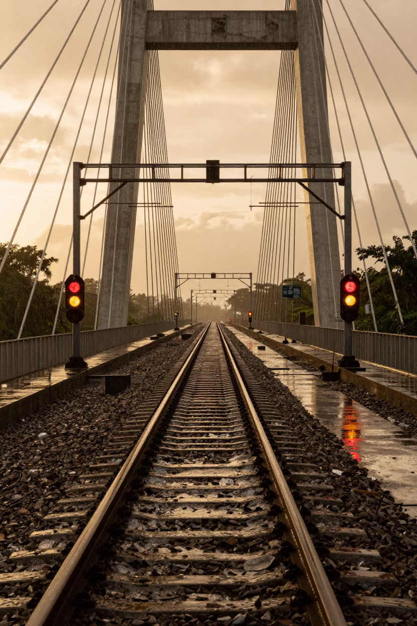 Amber Signal Heads Glowing on Rails in under a cable-stayed bridge span in Suriname