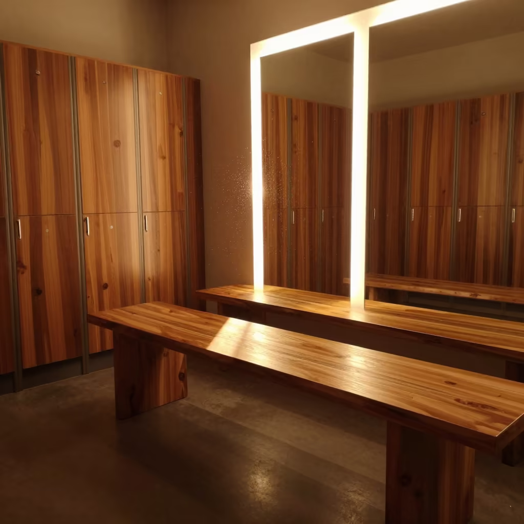 Amber Spa Locker Room Cedar Benches Golden Hour in inside a hotel lobby in Gdynia