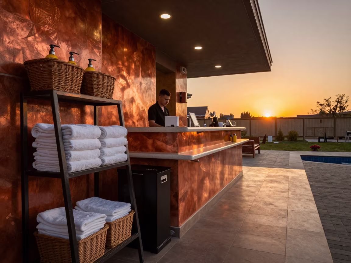 Amber Spa Towel Station Before Dusk in inside a spa reception near Tashkent