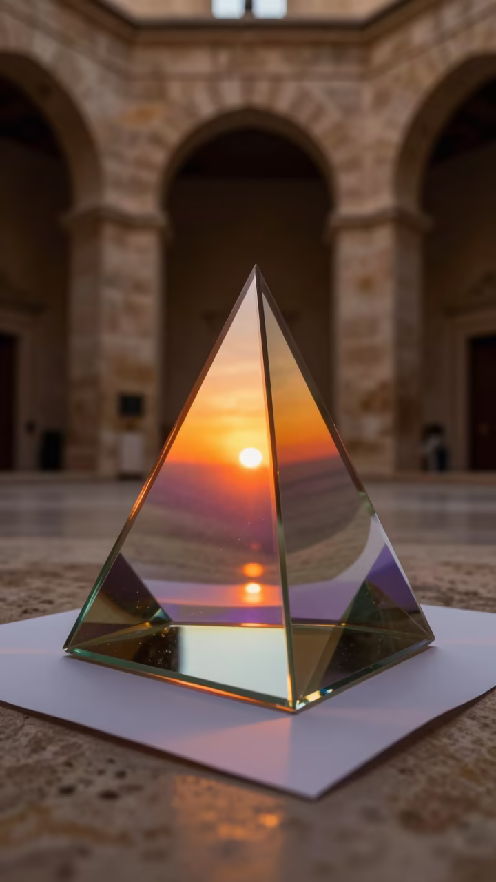 Amber Sunlight Refraction Through Prism on Paper in inside a vaulted atrium near Alexandria