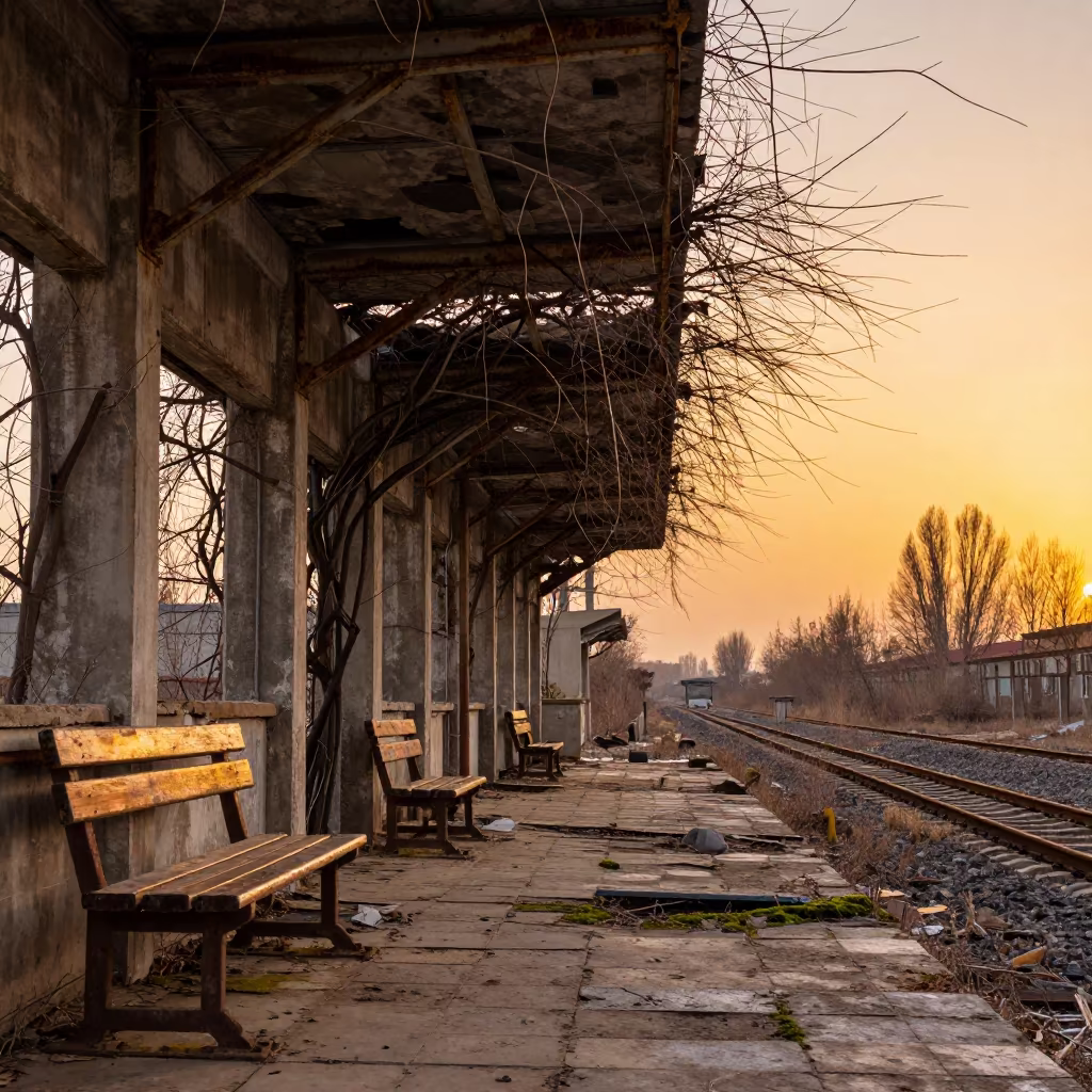 Amber Sunset Over Abandoned Gansu Station in along a vine-choked corridor in Gansu