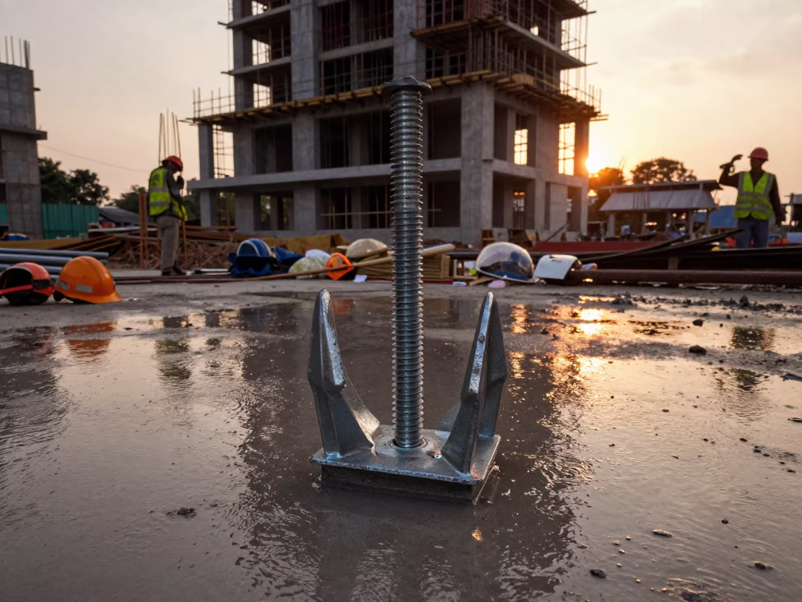 Amber Sunset Anchor Bolt Template on Indonesian Site in beside a framed building shell in Indonesia
