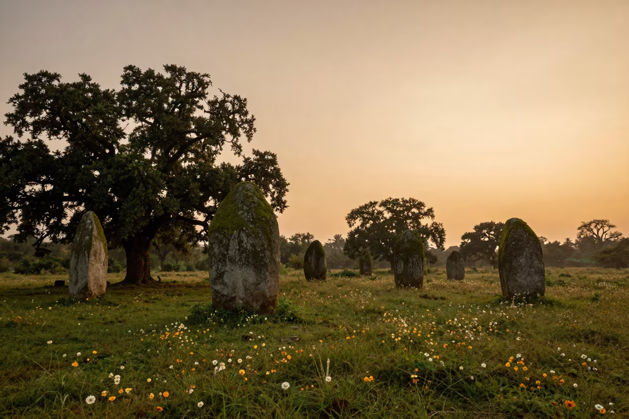 Amber Sunset Ancient Oaks Moss Stones Myanmar in in a bloom-heavy meadow in Myanmar
