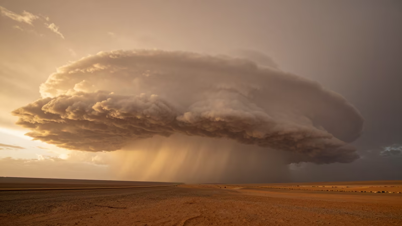 Amber Sunset Anvil Cloud Over Moroccan Landscape in in Morocco