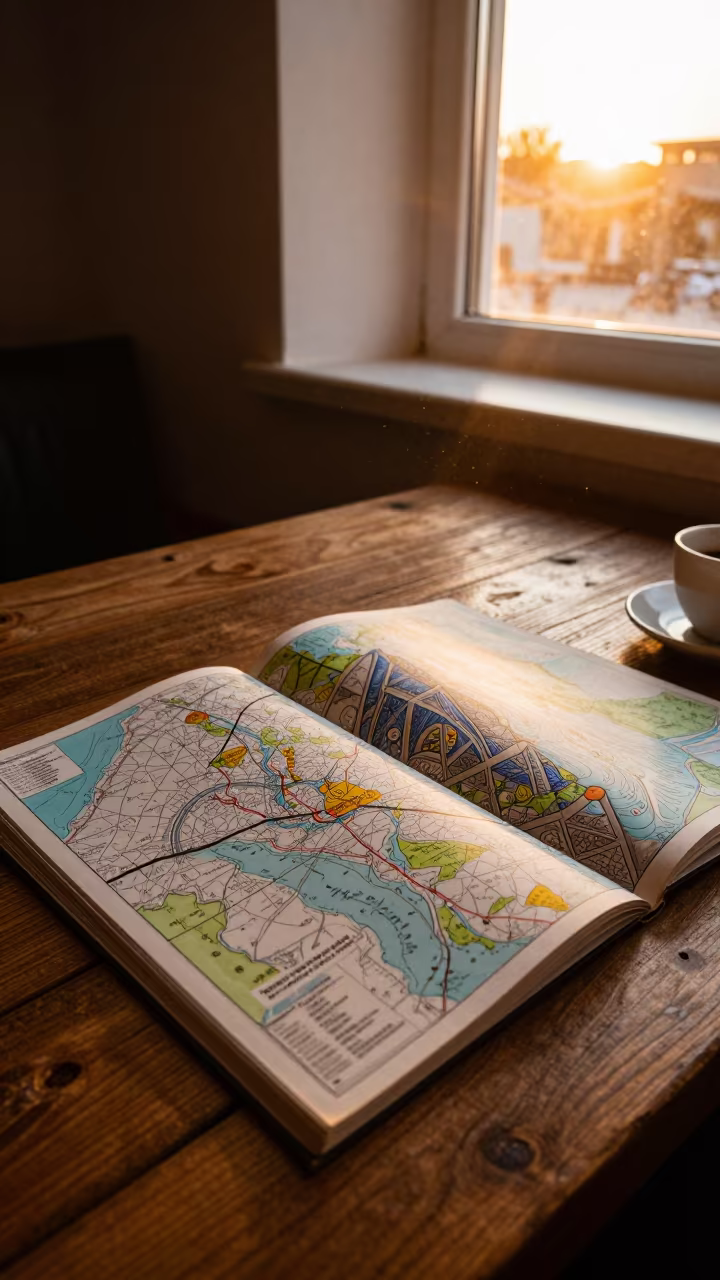 Amber Sunset Atlas Maps on Tashkent Cafe Table in on a cafe table by a window near Tashkent