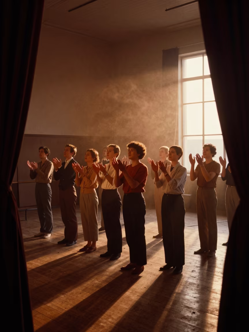 Amber Sunset Light Over Audience in Osh Rehearsal Hall in in a rehearsal room in Osh