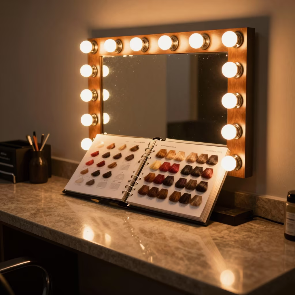 Amber Sunset Light on Barber Color Swatch Binder in at a barber station beneath mirror bulbs near Visakhapatnam