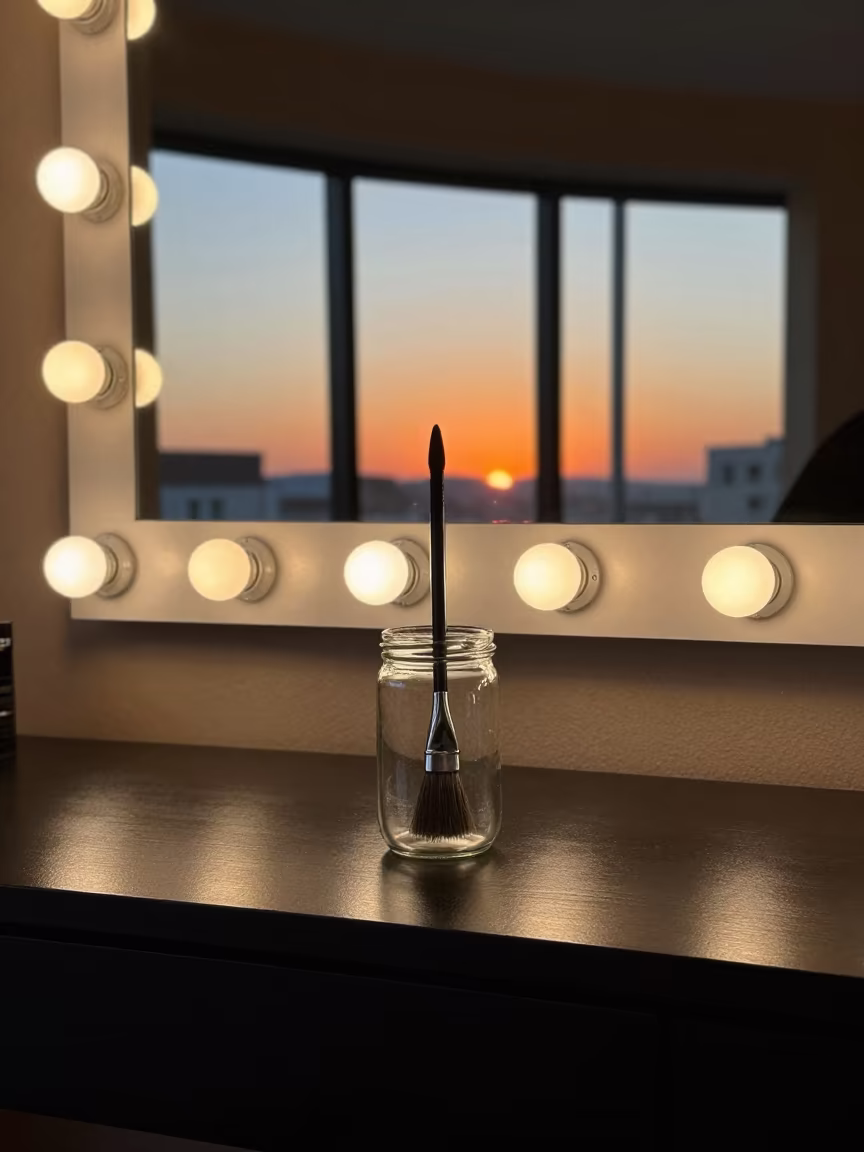 Amber Sunset Light on Barber Tint Brush Jar in at a barber station beneath mirror bulbs near Baku