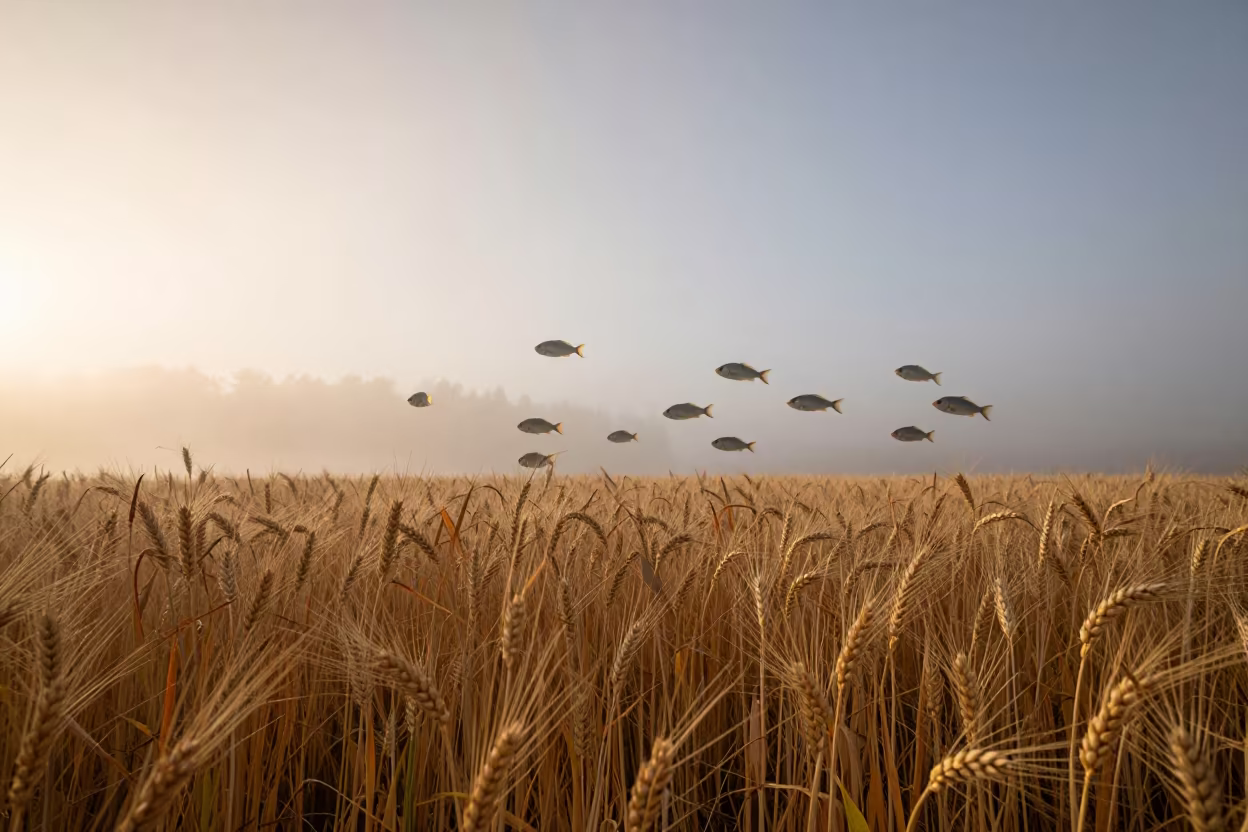 Amber Sunset Over Barley Field with Airborne Fish in across a harvested grain field near Vancouver