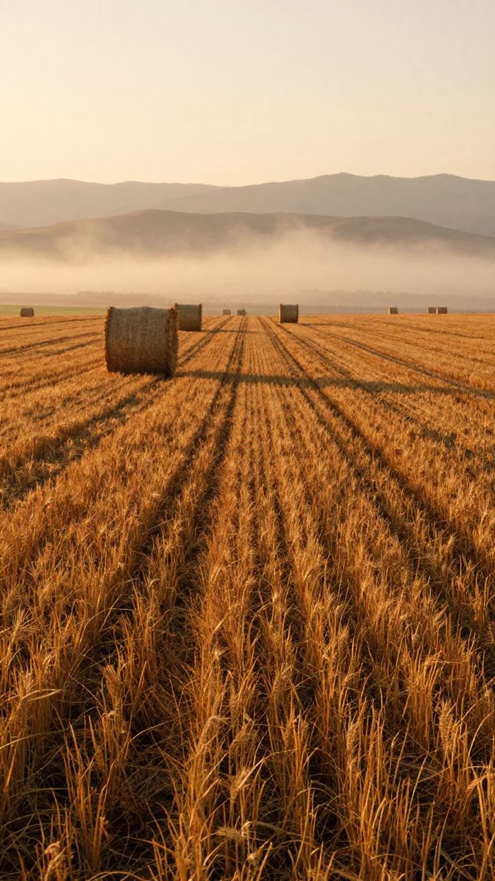 Amber Sunset Over Barley Ridge and Hay Bales in beside stacked hay bales in Almaty