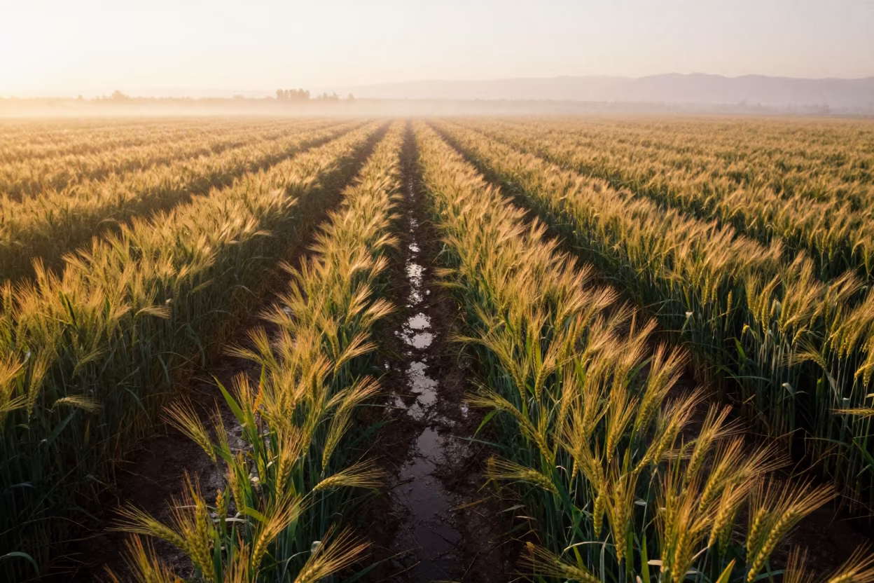 Amber Sunset Light Over Barley Ridge in Lhasa Mist in along freshly irrigated rows in Lhasa