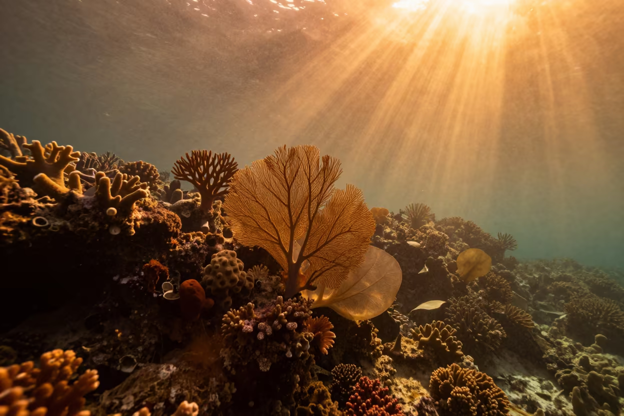 Amber Sunset Beams Through Coral Reef Belize in beneath a reef ledge in tropical shallows near Belize City