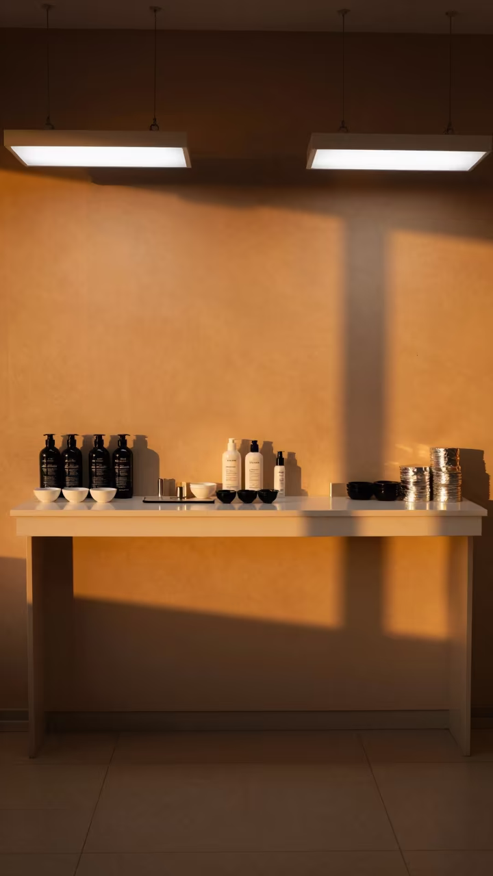 Amber Sunset on Beauty Supply Counter in Agadir in in a beauty supply area under white LEDs in Agadir