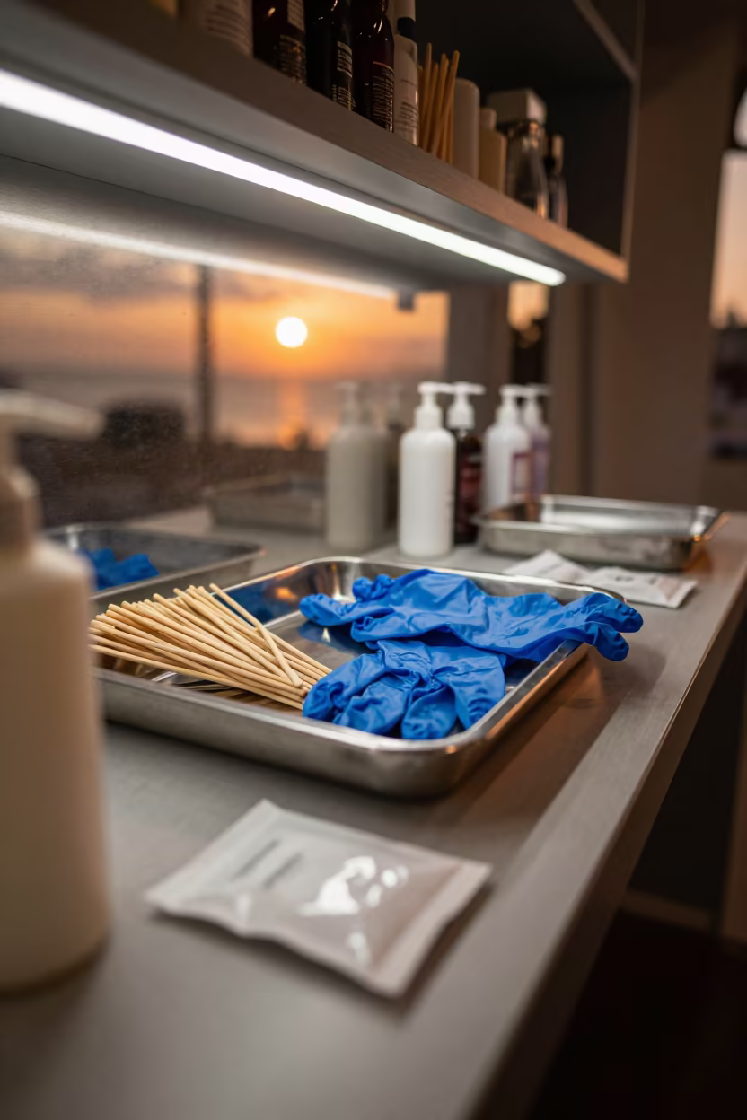 Amber Sunset Beauty Tray with Tools in in a beauty supply area under white LEDs in Sittwe