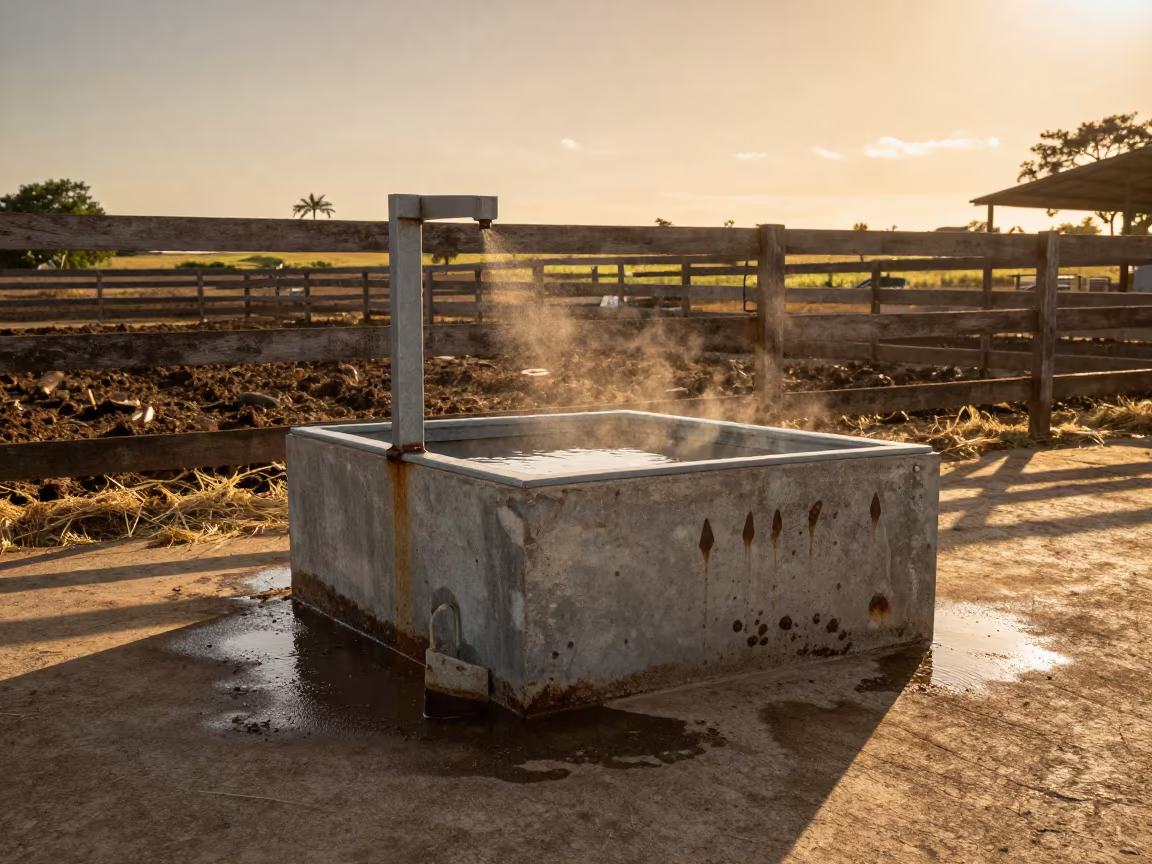 Amber Sunset Biosecurity Boot Dip Cuba Farm in along a muddy paddock fence in Cuba