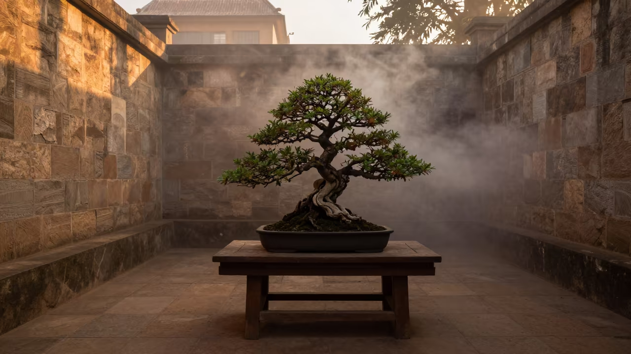 Amber Sunset Bonsai Senegal Temple Cloister Mist in in a cloister garden in Senegal